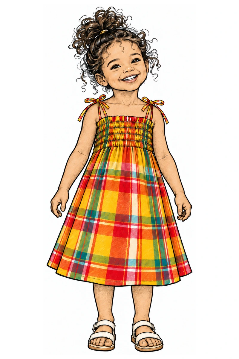 Dessin d’une petite fille en robe smock en madras, avec de fines bretelles nouées sur les épaules.