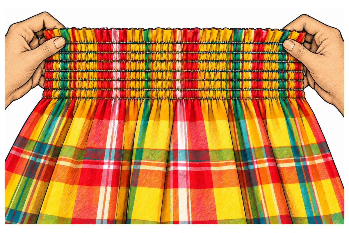 Dessin de deux mains étirant doucement le smock en madras de la robe enfant.