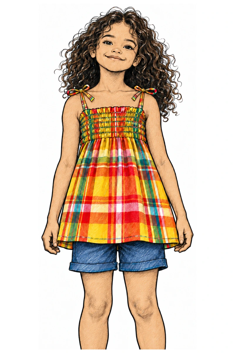 Dessin d’une enfant plus grande portant le même vêtement en madras comme un top, sur un short.