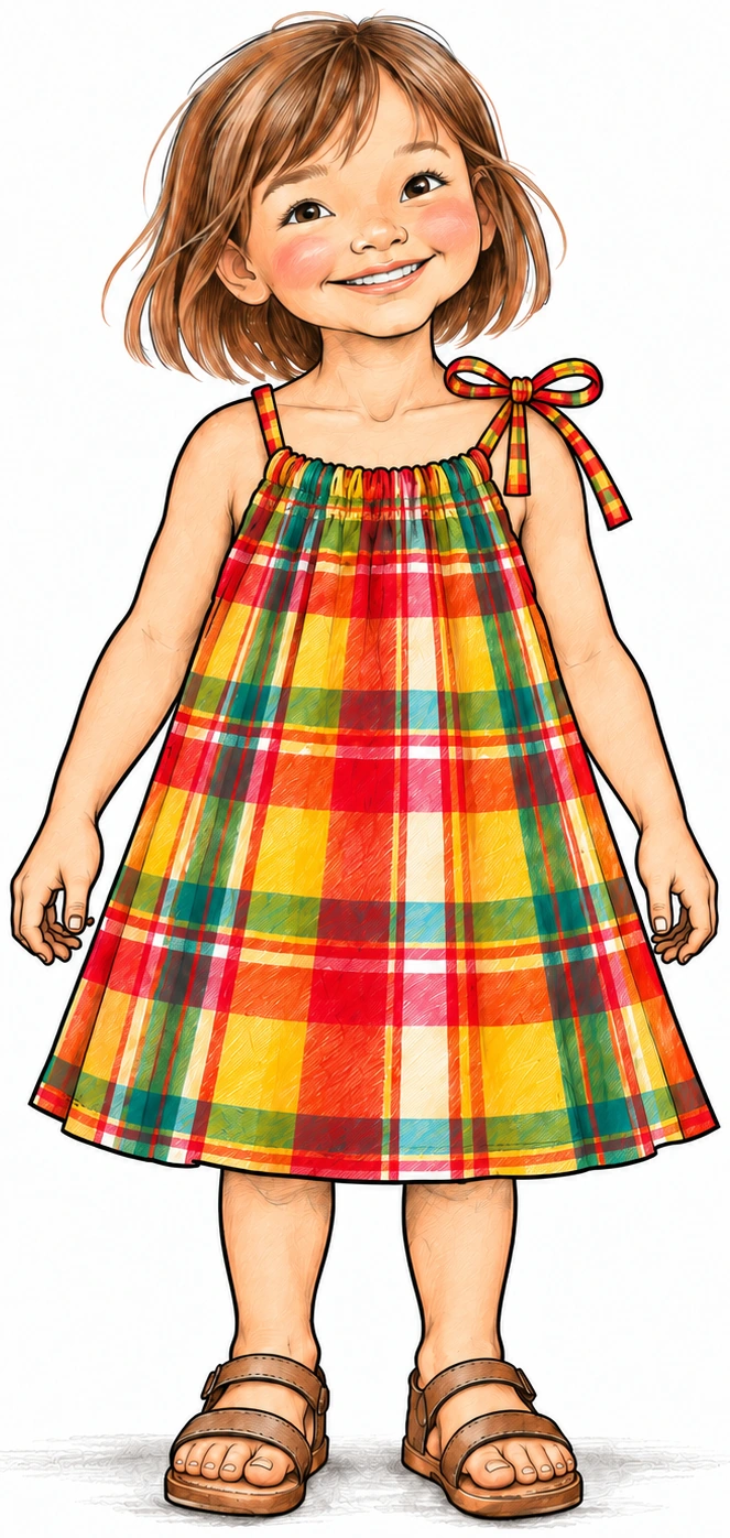 Petite fille aux cheveux courts portant la robe-tunique en madras comme une robe évasée, avec des sandales.