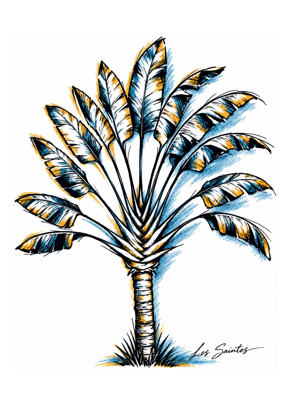 Carte postale Arbre du voyageur en couleur — souvenir des Saintes, Guadeloupe, par Nerko Ink et Atelier Karaïbes