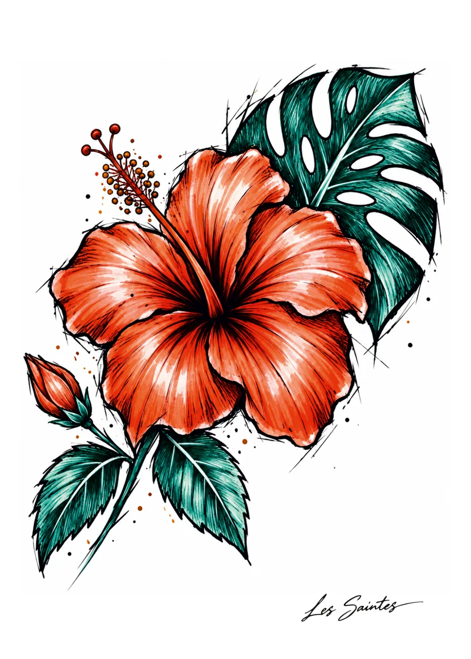 Carte postale Hibiscus en couleur — souvenir des Saintes, Guadeloupe, par Nerko Ink et Atelier Karaïbes
