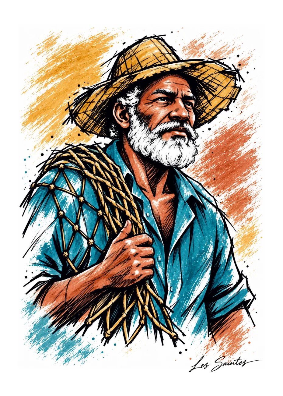 Illustration Pêcheur saintois de Nerko Ink sur carte postale — Atelier Karaïbes, Les Saintes en Guadeloupe