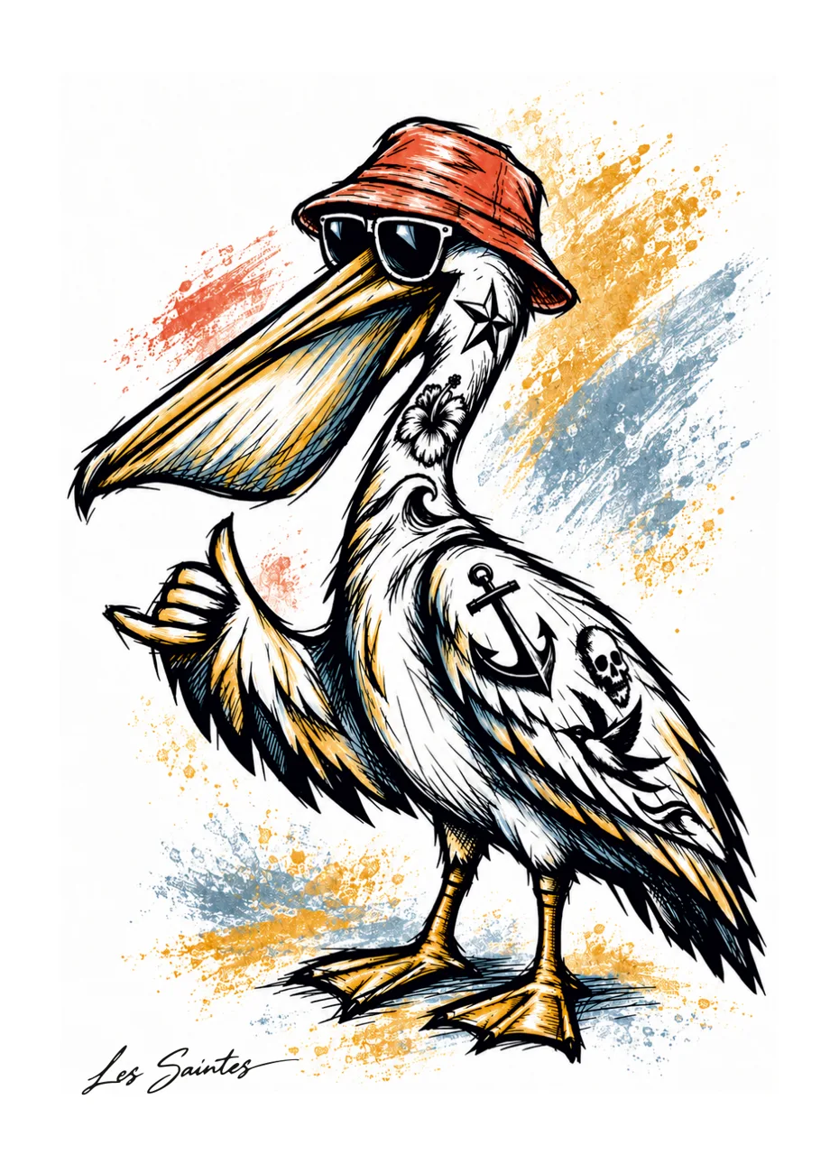 Carte postale Pélican : illustration originale de la collaboration exclusive Nerko Ink × Atelier Karaïbes