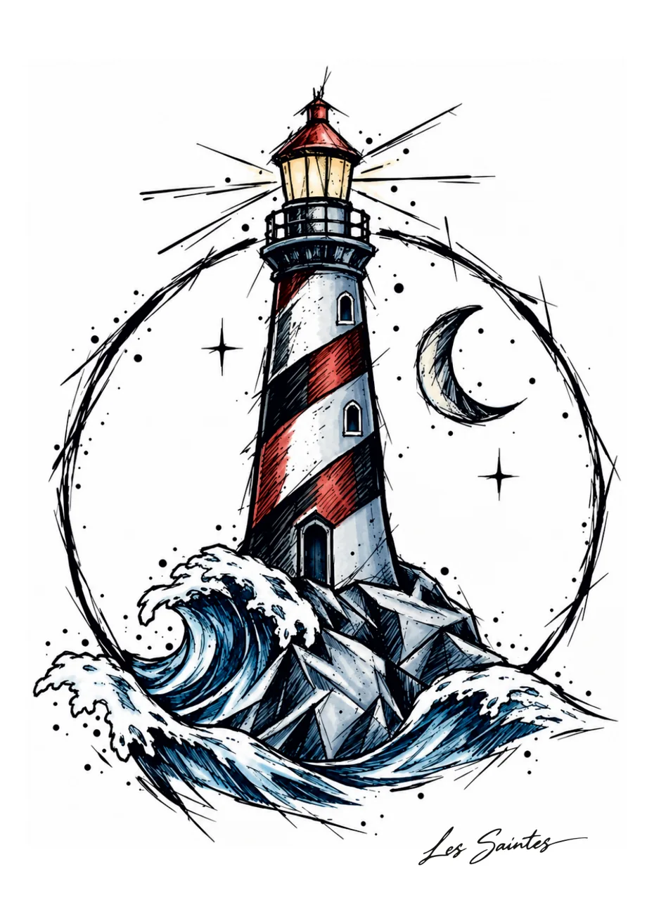 Carte postale Phare et vagues en couleur — souvenir des Saintes, Guadeloupe, par Nerko Ink et Atelier Karaïbes
