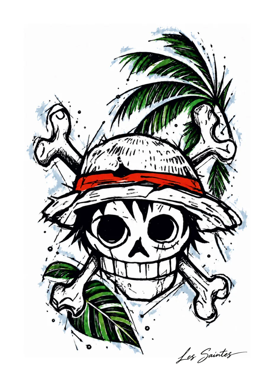 Illustration Pirate tropical de Nerko Ink sur carte postale — Atelier Karaïbes, Les Saintes en Guadeloupe — fan art Luffy (One Piece)