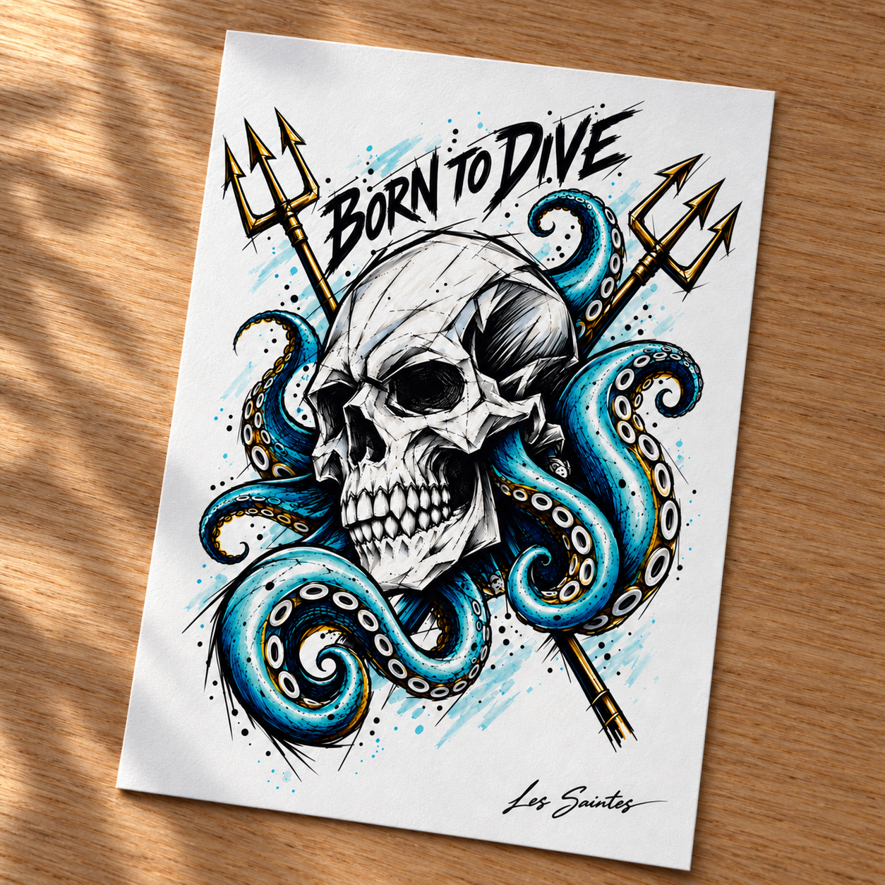 Carte postale — Born to Dive, papier texturé posé sur une table avec une légère ombre de feuillage — Atelier Karaïbes, Les Saintes