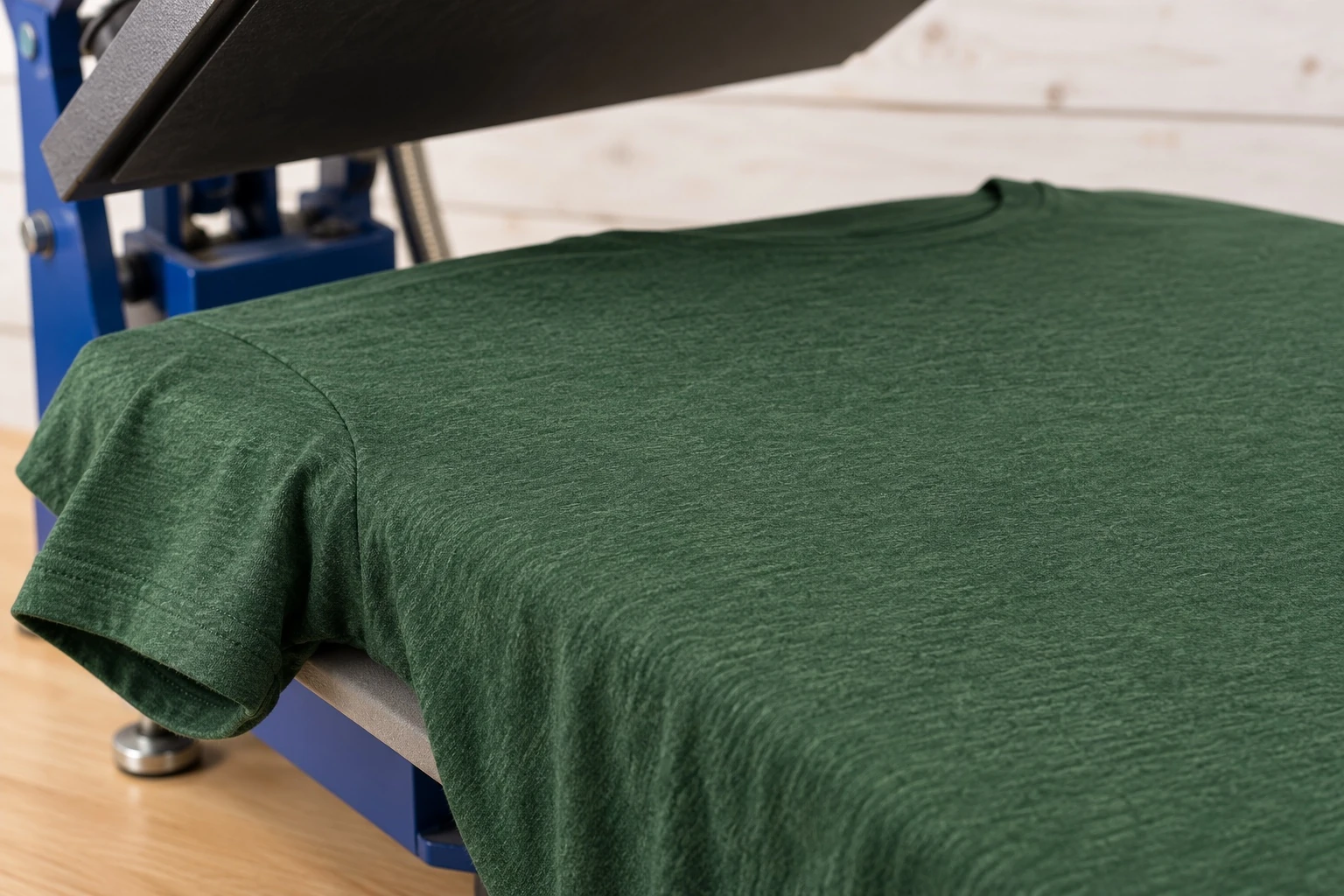 T-shirt vert chiné vierge sur une presse à textile ouverte