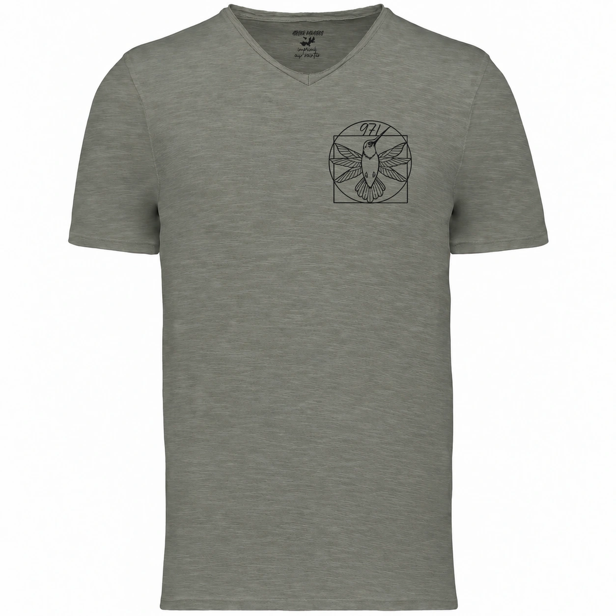T-shirt col V homme Almond Green, Colibri 971 imprimé en noir côté cœur