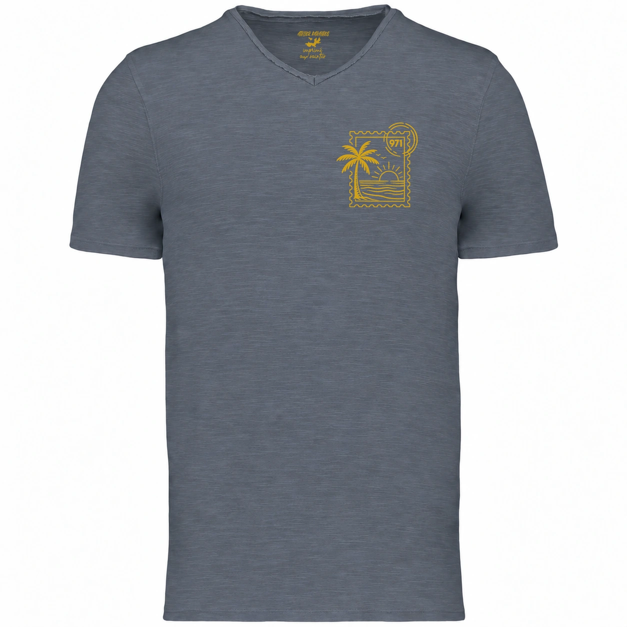 T-shirt col V homme Mineral Grey, Stamp 971 imprimé en jaune moutarde côté cœur