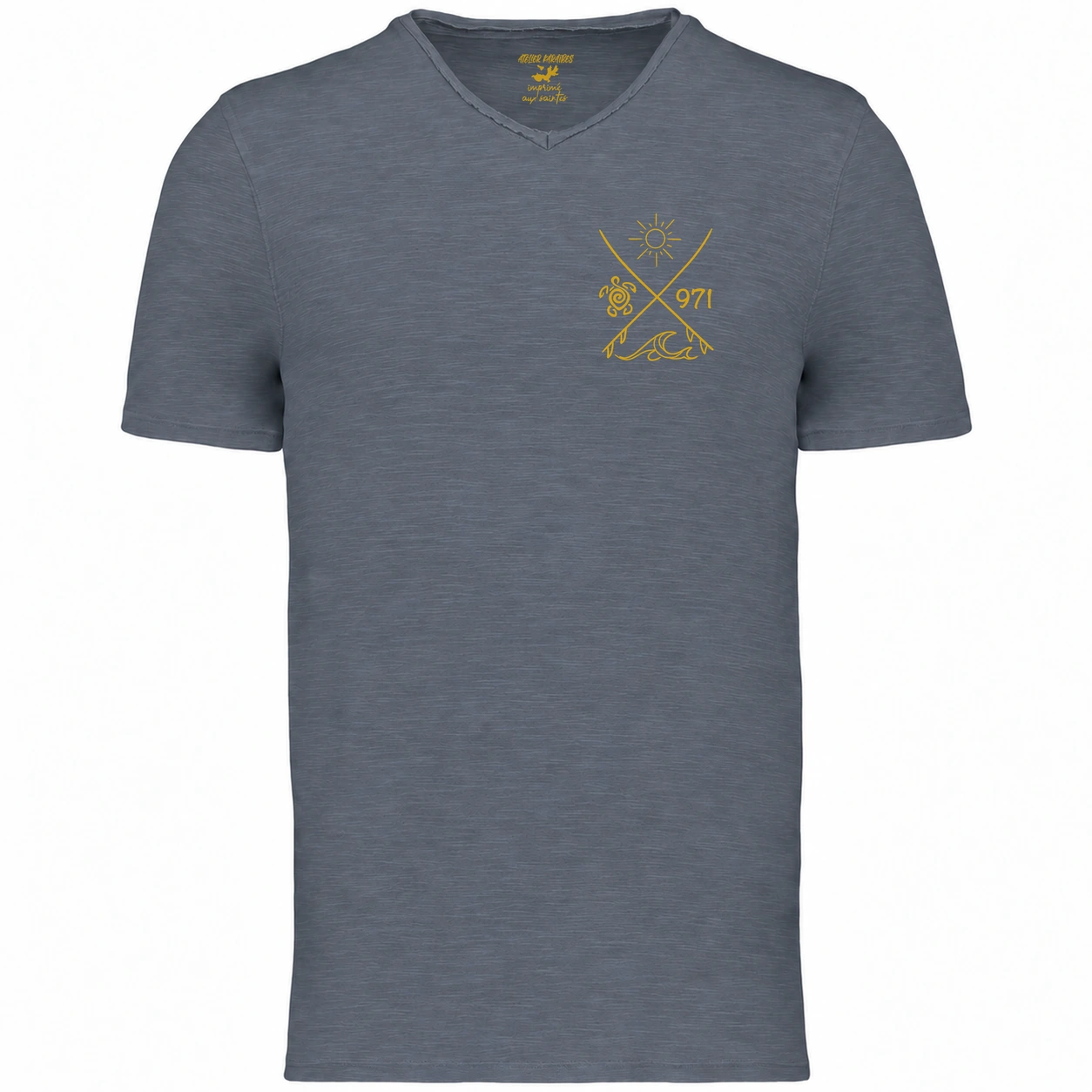 T-shirt col V homme Mineral Grey, Surf tortue 971 imprimé en jaune moutarde côté cœur