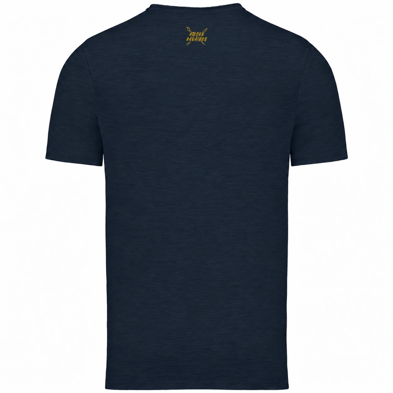Dos du T-shirt col V Navy : logo Atelier Karaïbes en jaune moutarde à l’extérieur, sous le col