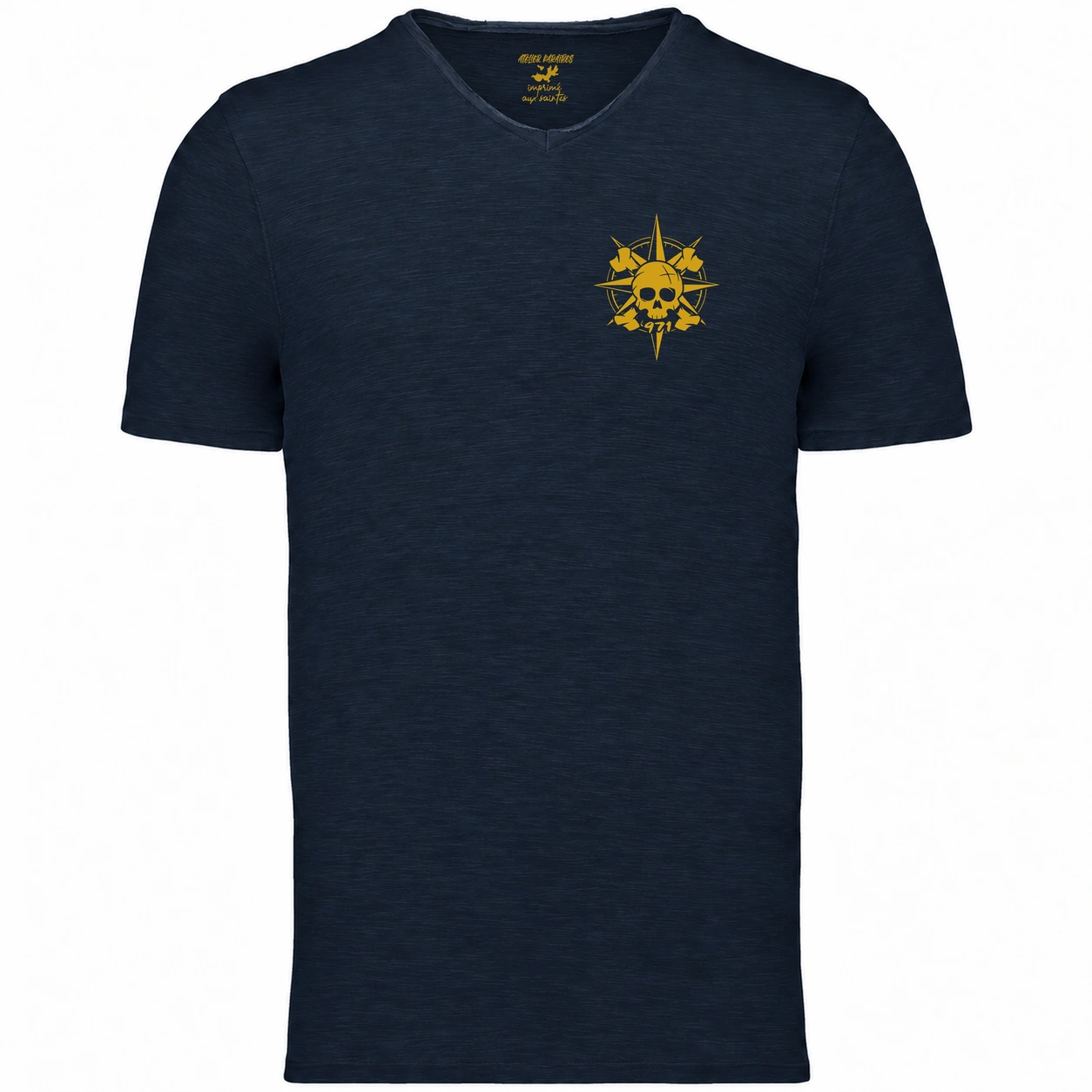 T-shirt col V homme Navy, Boussole pirate 971 imprimé en jaune moutarde côté cœur