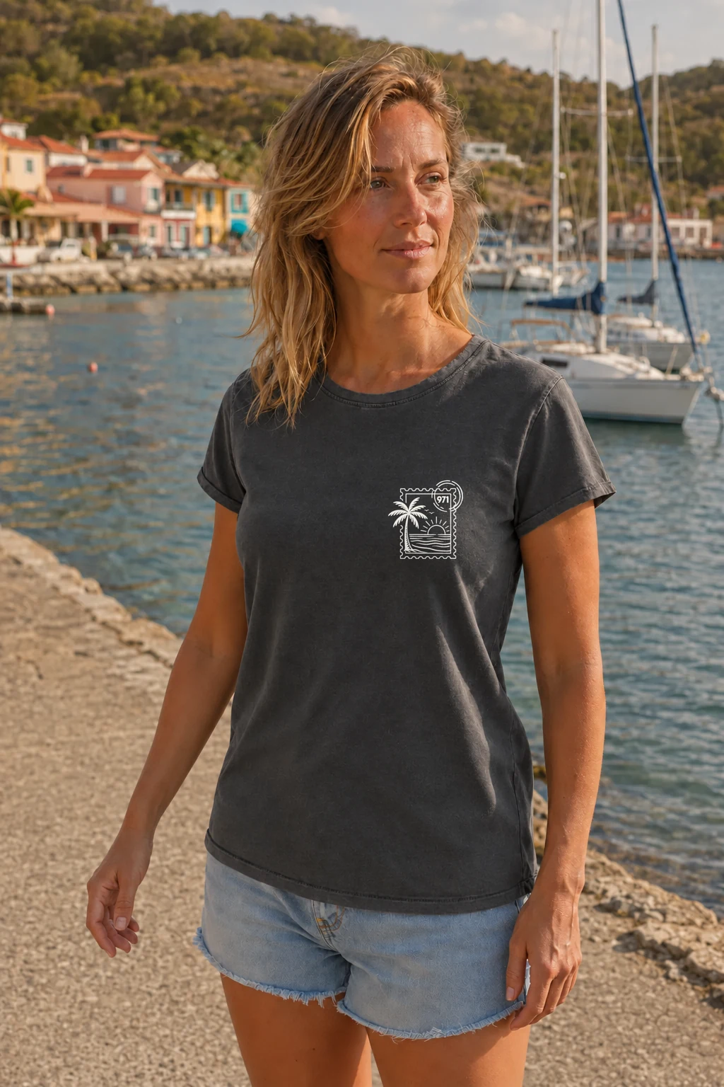 T-shirt vieilli femme gris anthracite délavé avec un timbre palmier 971 avec mer et soleil imprimé en blanc, porté en promenade sur le front de mer de Terre-de-Haut devant les voil