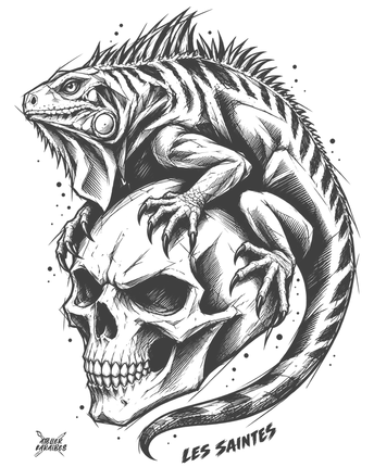 Illustration Iguane & crâne — Nerko Ink, avec inscription Les Saintes — Atelier Karaïbes, Guadeloupe