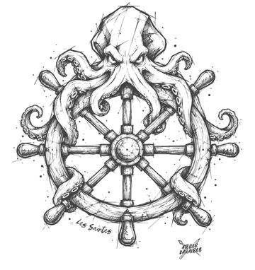 Illustration Poulpe barre à roue — Nerko Ink, avec inscription Les Saintes — Atelier Karaïbes, Guadeloupe