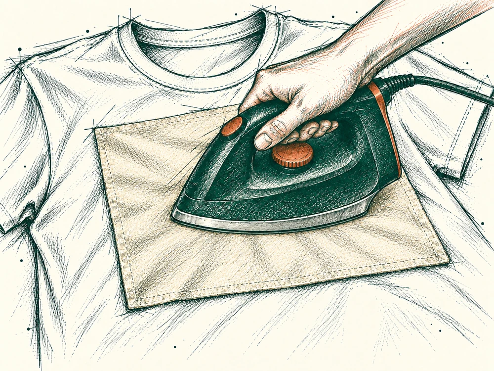 Illustration : un fer presse un tissu de protection qui couvre entièrement l’écusson, sans vapeur.