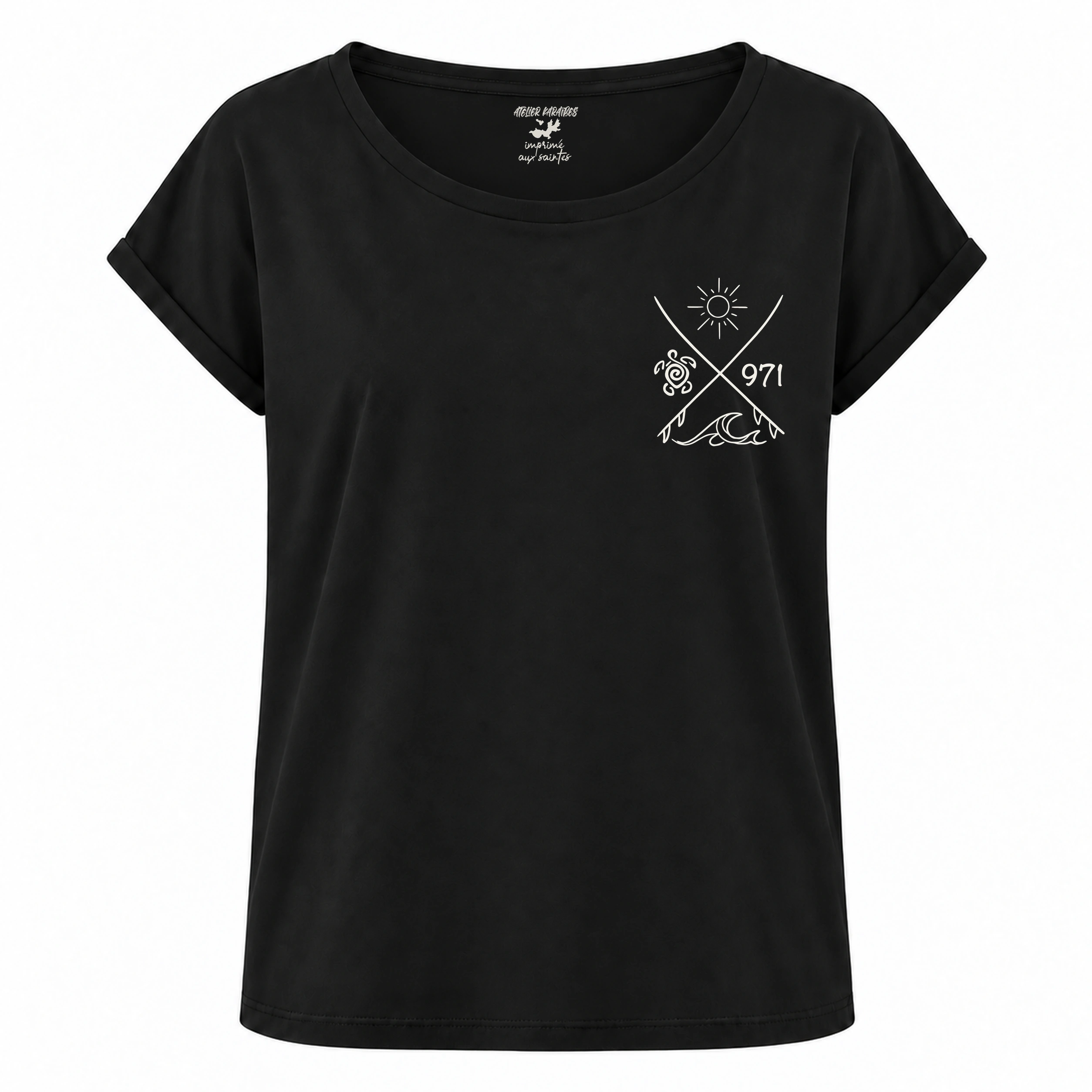 T-shirt rouloté, coupe loose noir avec Surf tortue 971, impression blanc côté cœur