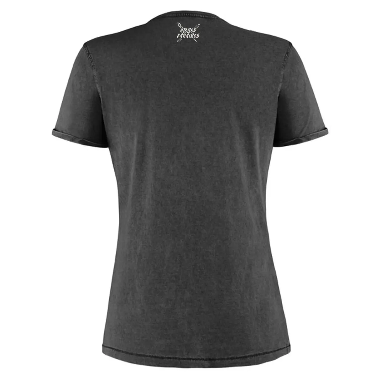 Dos du T-shirt vieilli femme gris anthracite délavé avec le logo Atelier Karaïbes en blanc sous le col