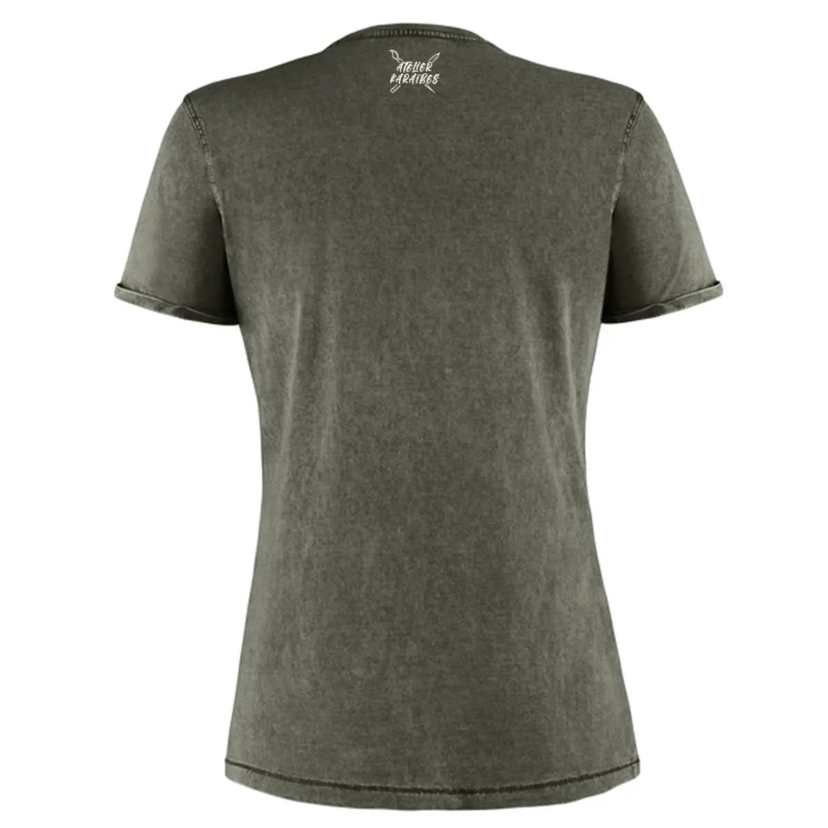 Dos du T-shirt vieilli femme vert militaire foncé délavé avec le logo Atelier Karaïbes en blanc sous le col