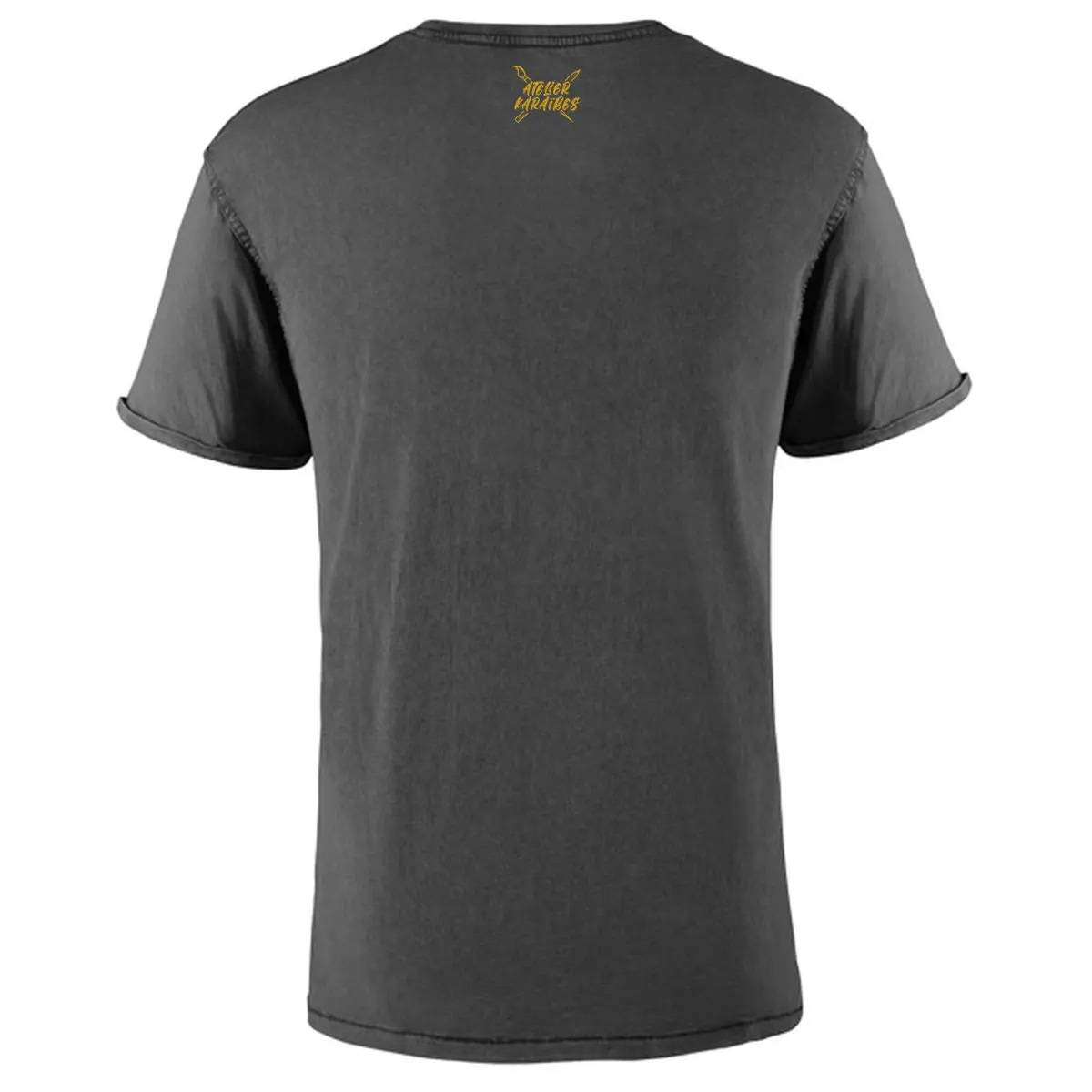 Dos du T-shirt vieilli homme gris anthracite délavé avec le logo Atelier Karaïbes en jaune moutarde sous le col