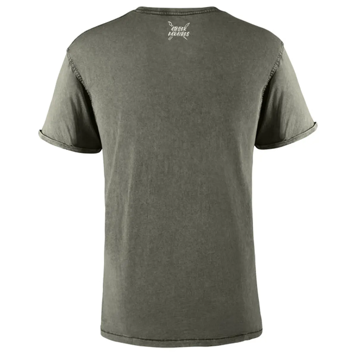 Dos du T-shirt vieilli homme vert militaire foncé délavé avec le logo Atelier Karaïbes en blanc sous le col